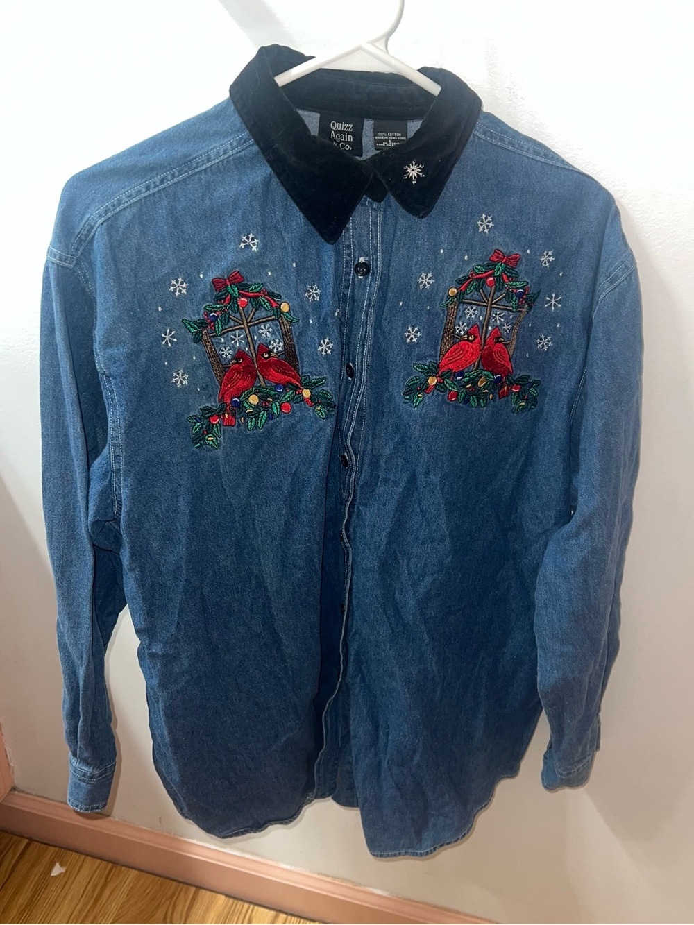Quizz Again & Co. Women's Blue Denim Embroidered Cardinal Shirt Jacket VTG